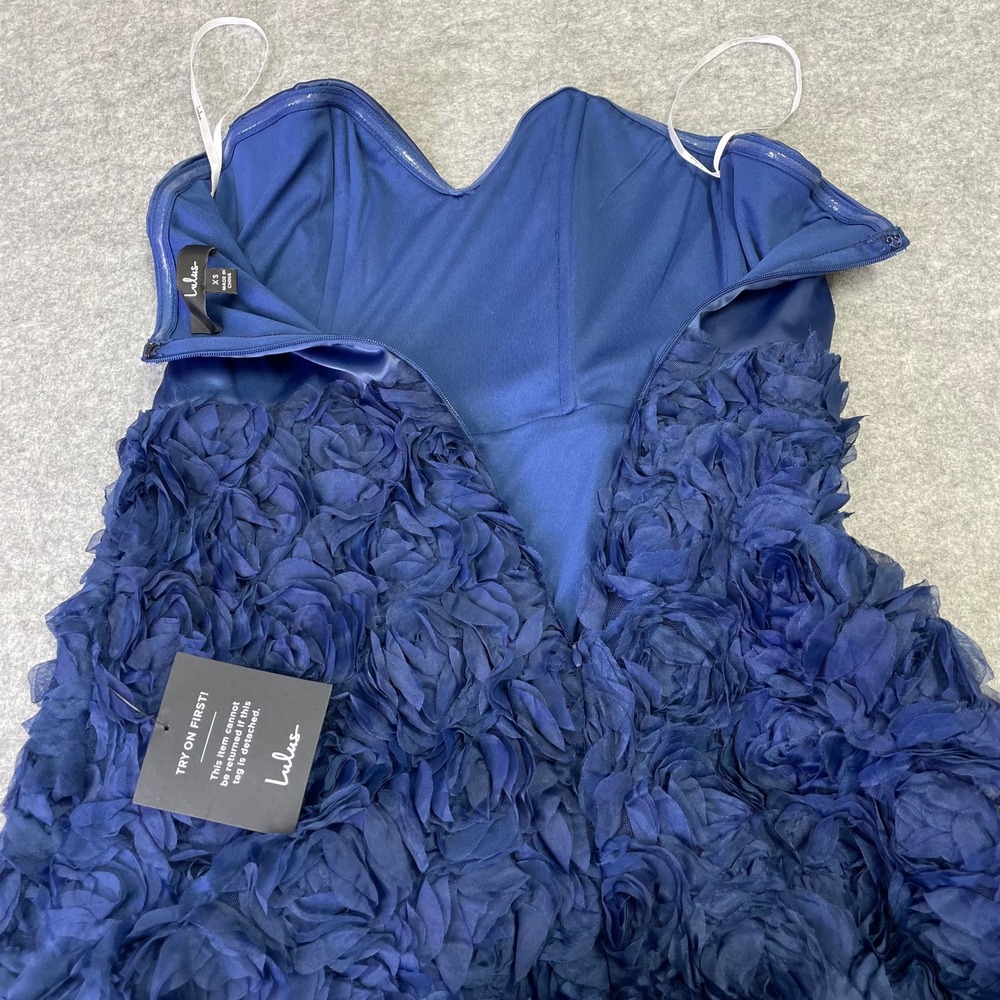 NEW Lulus Navy Blue Satin Strapless 3D Rosette Floral Maxi Gown XS Dress - Picture 7 of 16